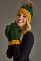 Green & Gold Trim Cable Knit Pom Hat