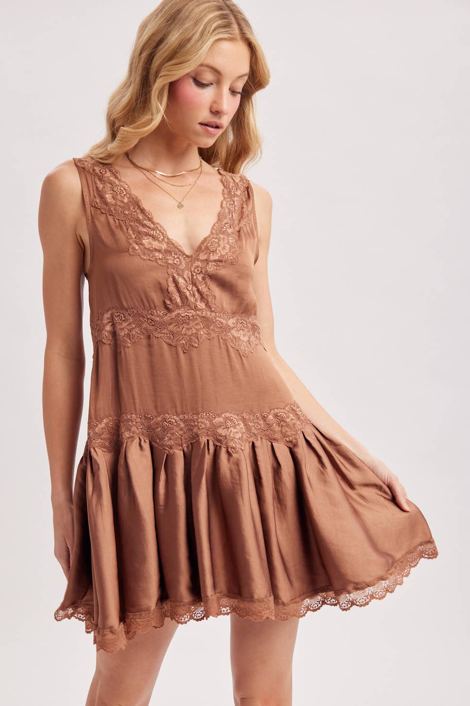 Satin Slip Babydoll Mini Dress – Lace Trim V-Neck