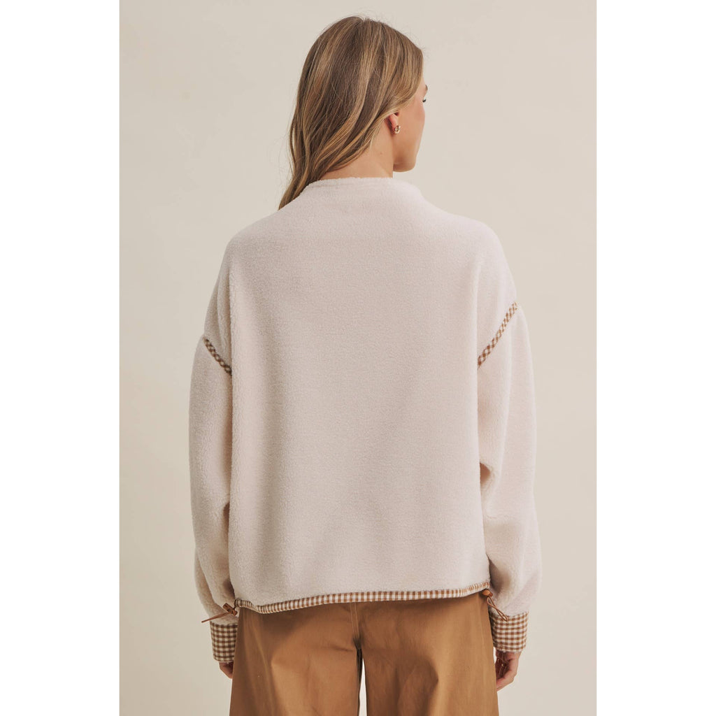 Cozy Cabin Gingham Trim Sherpa Fleece Half-Zip Pullover – Cream