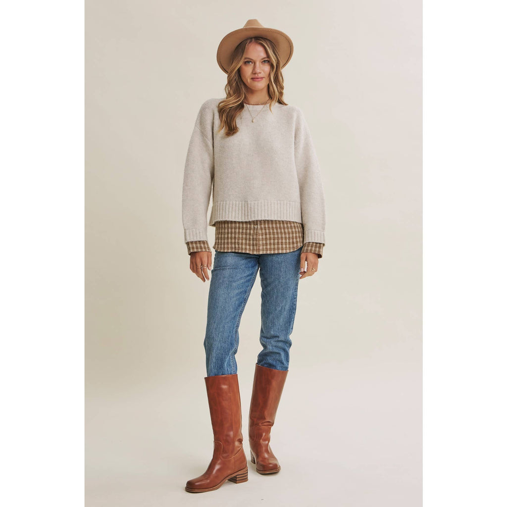 Country Road Layered Plaid Hem Twofer Sweater Top – Light Oatmeal