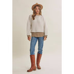 Country Road Layered Plaid Hem Twofer Sweater Top – Light Oatmeal