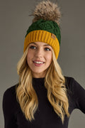 Green & Gold Trim Cable Knit Pom Hat