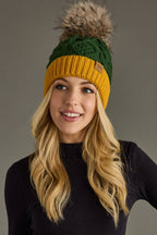 Green & Gold Trim Cable Knit Pom Hat
