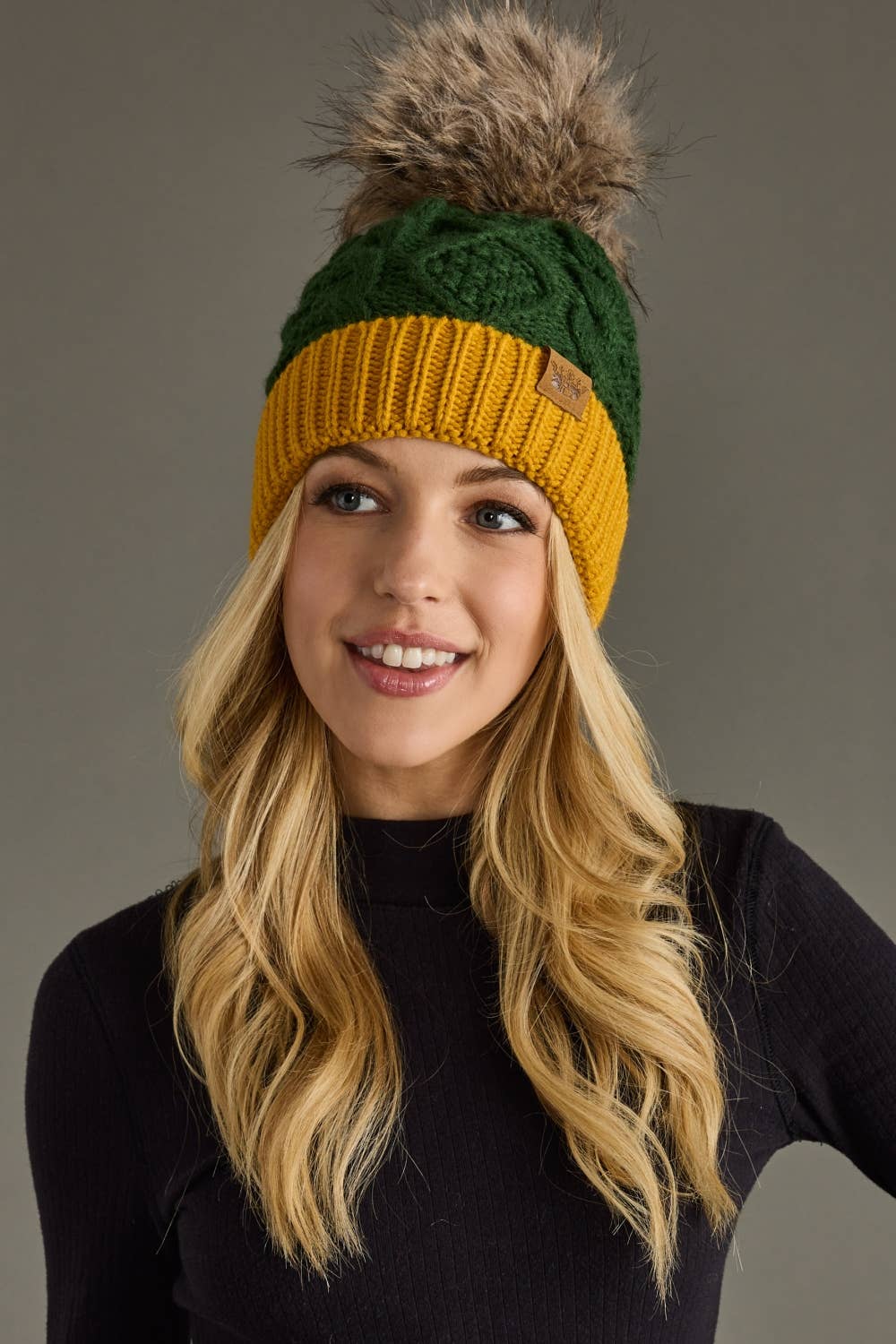 Green & Gold Trim Cable Knit Pom Hat