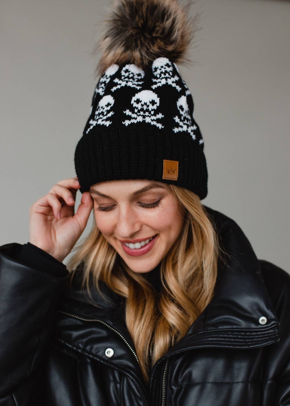 Black Skull Pattern Pom Hat