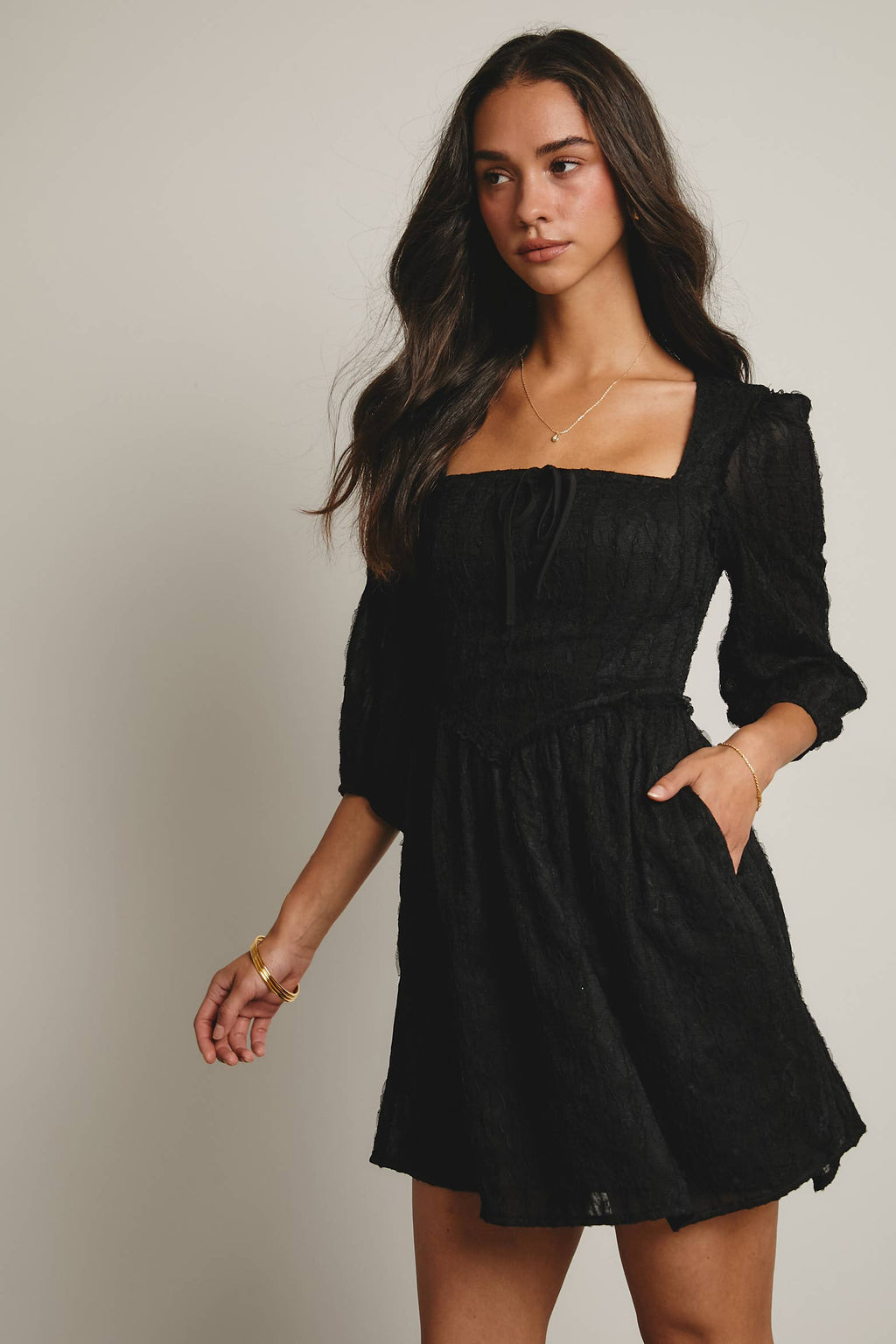 Textured Lace Puff Sleeve Mini Dress