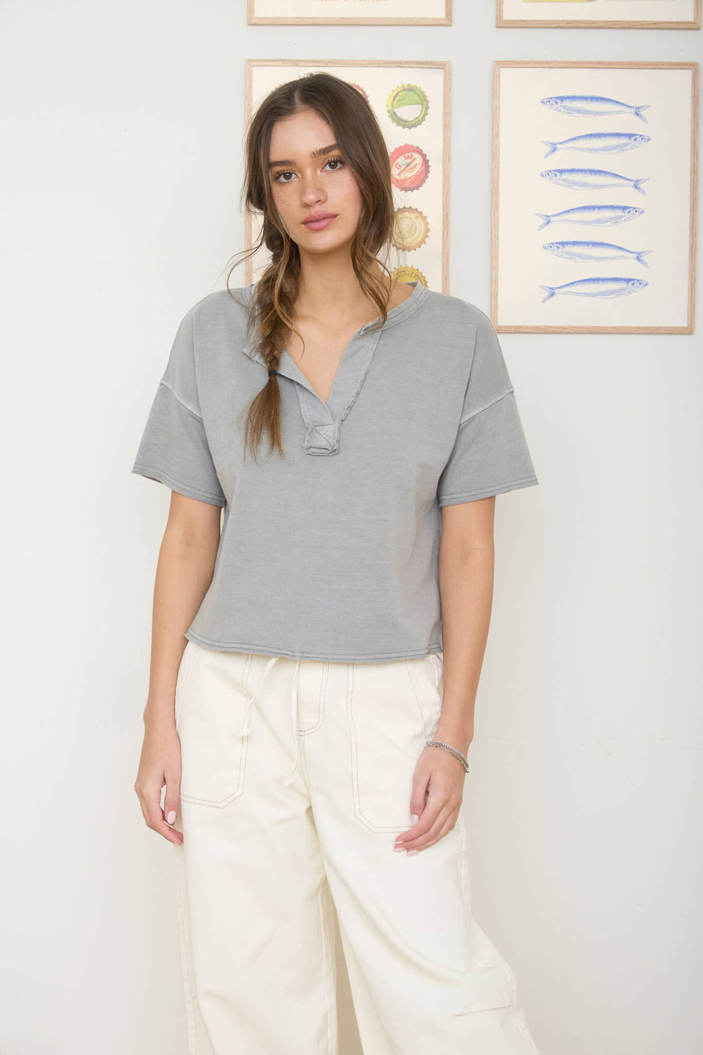 Washed Split Neck Raw Edge Knit Top