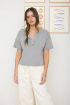 Washed Split Neck Raw Edge Knit Top