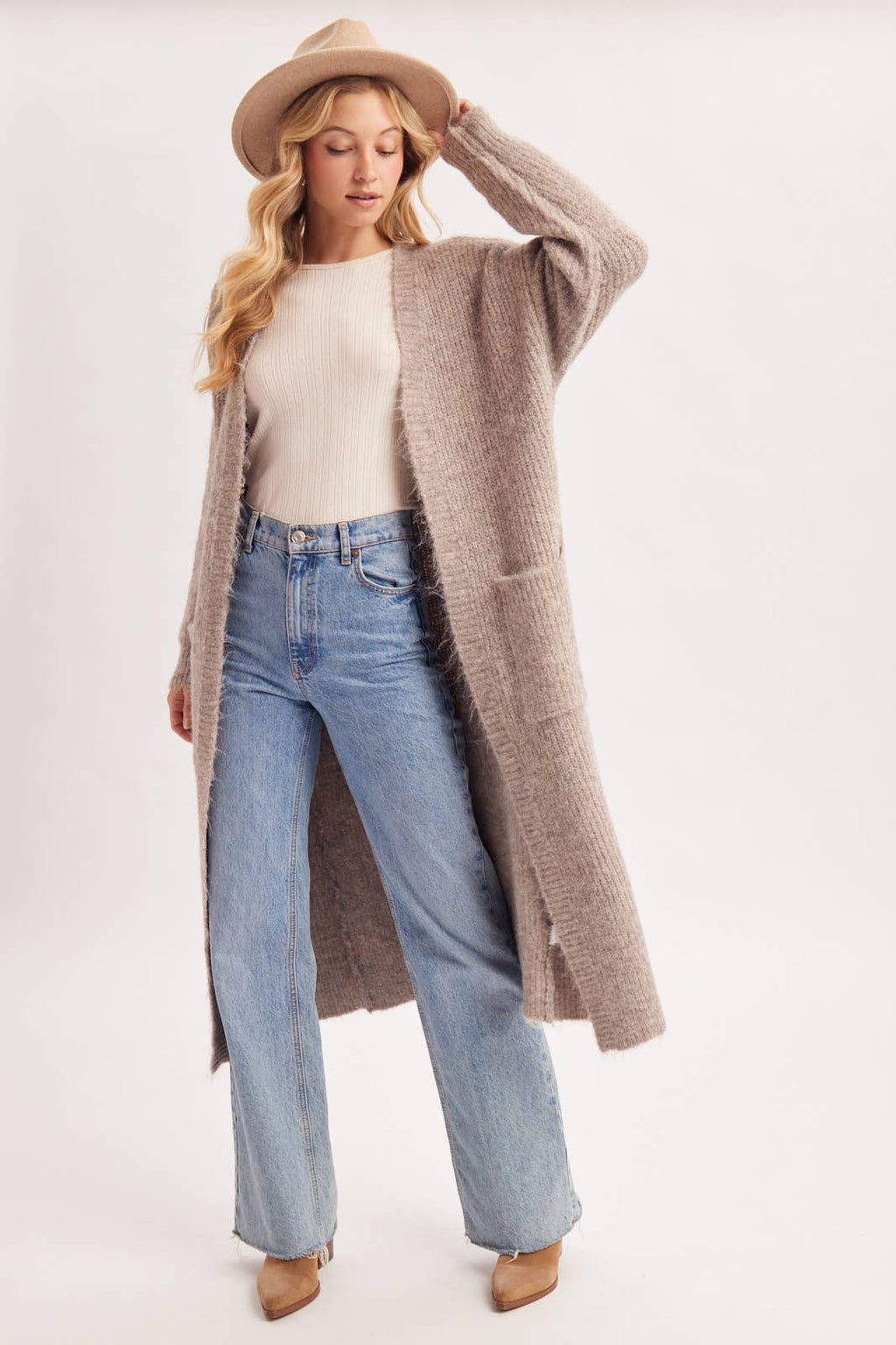 Open Front Longline Fuzzy Knit Cardigan