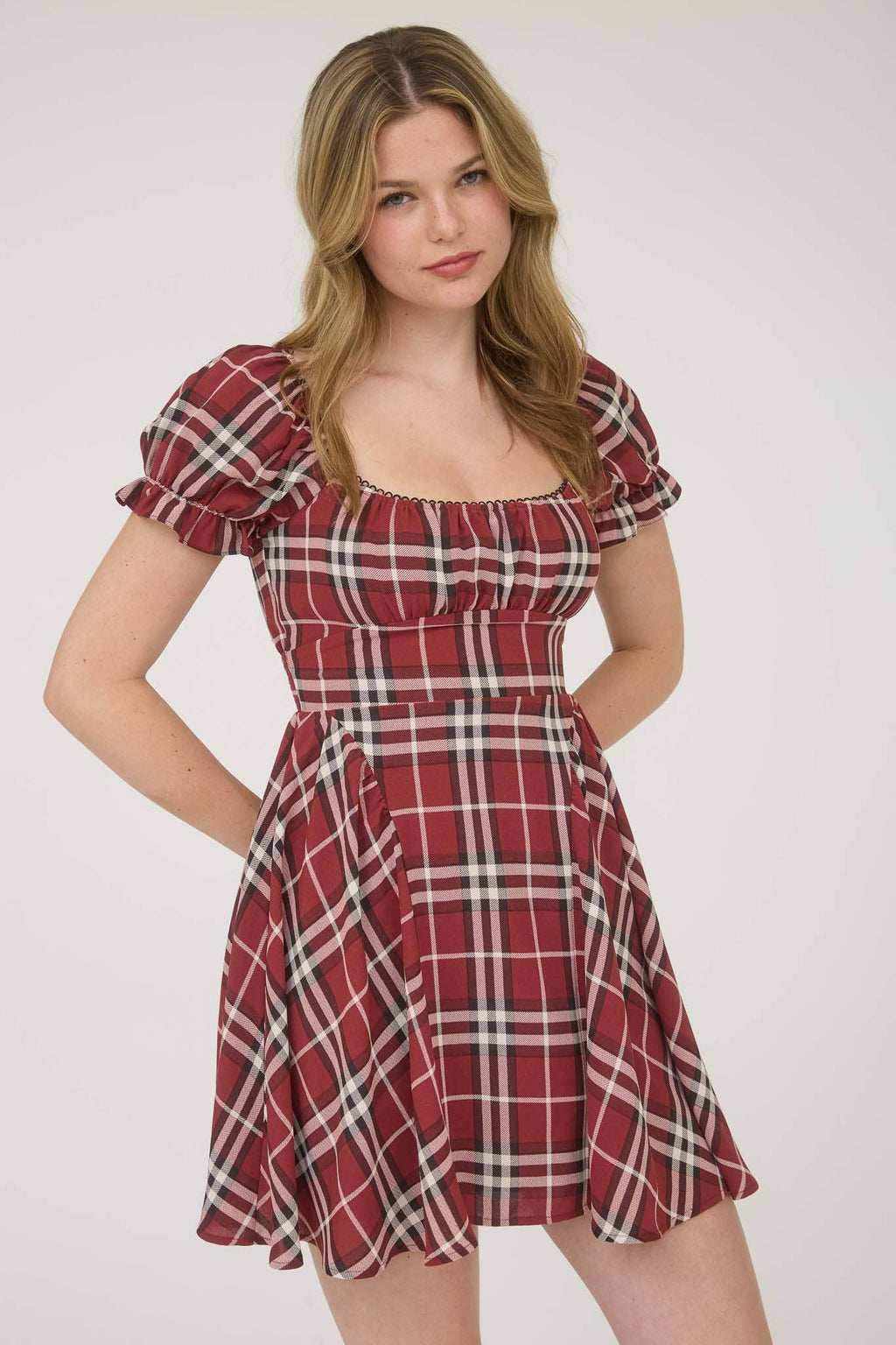 PLAID SHORT PUFF SLEEVE MINI DRESS