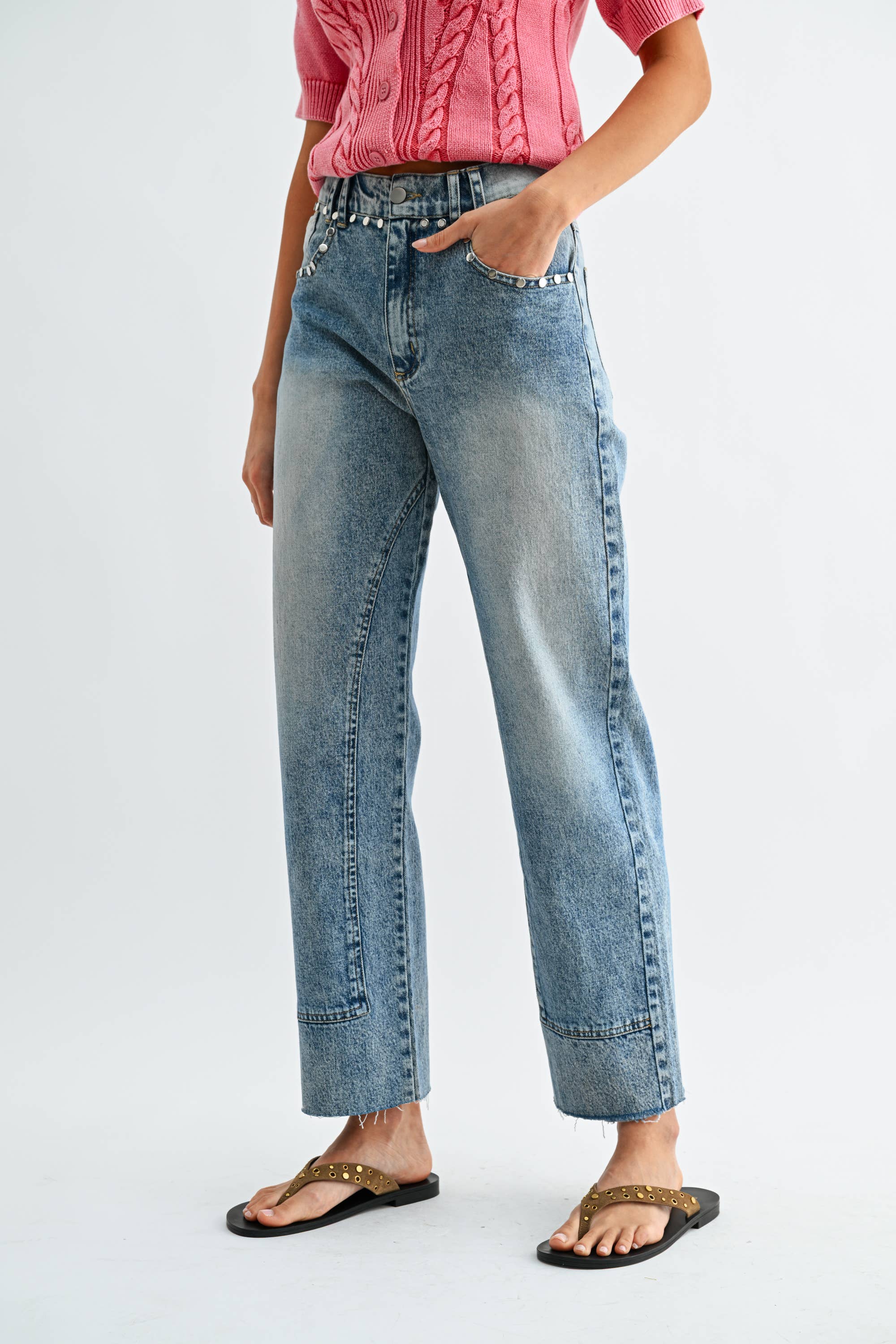 Studded High-Waist Straight-Leg Jeans