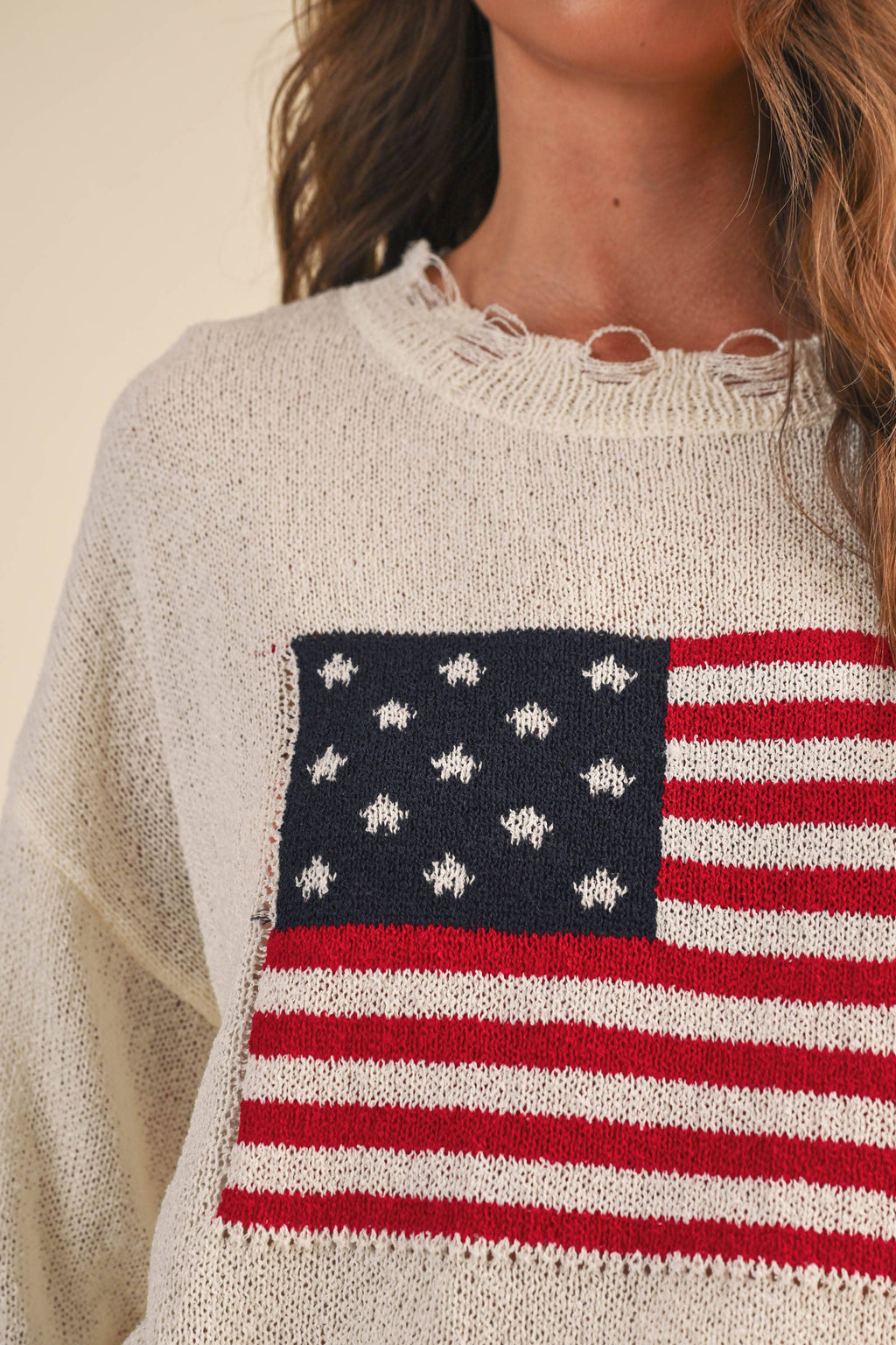 Cream USA Flag Distressed Lightweight Sweater