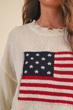 Cream USA Flag Distressed Lightweight Sweater