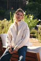 Cozy Cabin Gingham Trim Sherpa Fleece Half-Zip Pullover – Cream