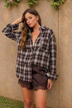 Plaid Collared Long Sleeve Button-Down Top – Chocolate Brown