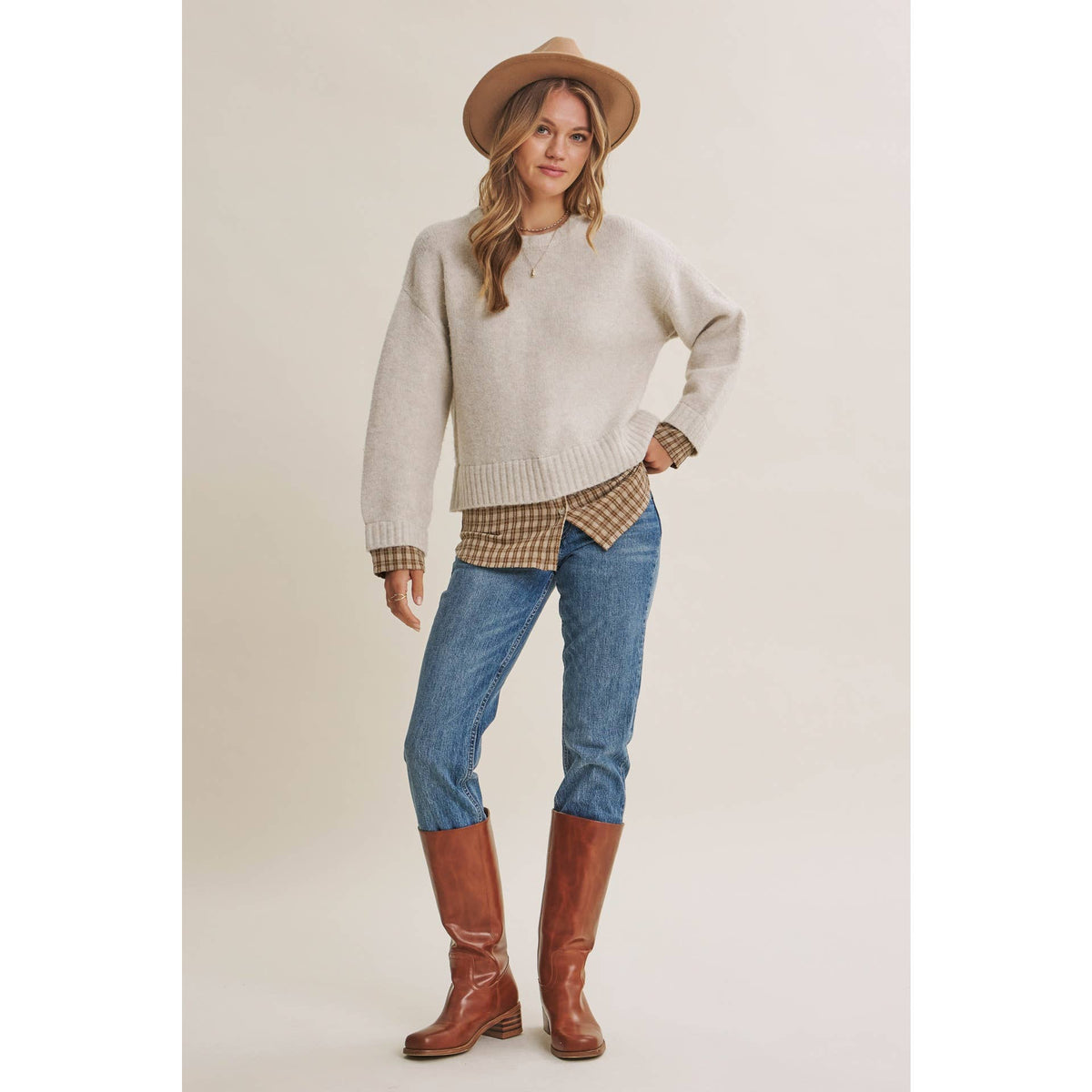 Country Road Layered Plaid Hem Twofer Sweater Top – Light Oatmeal