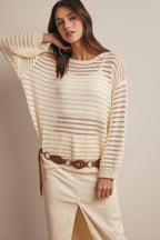 Open-knit striped sweater top with relaxed fit - front view