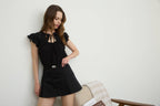 KEYHOLE NECK WITH TIE LACE TRIM SHORT SLEEVE TOP
