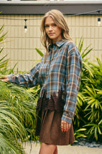 Plaid & Lace Hem Button-Down Shirt – Blue/Brown