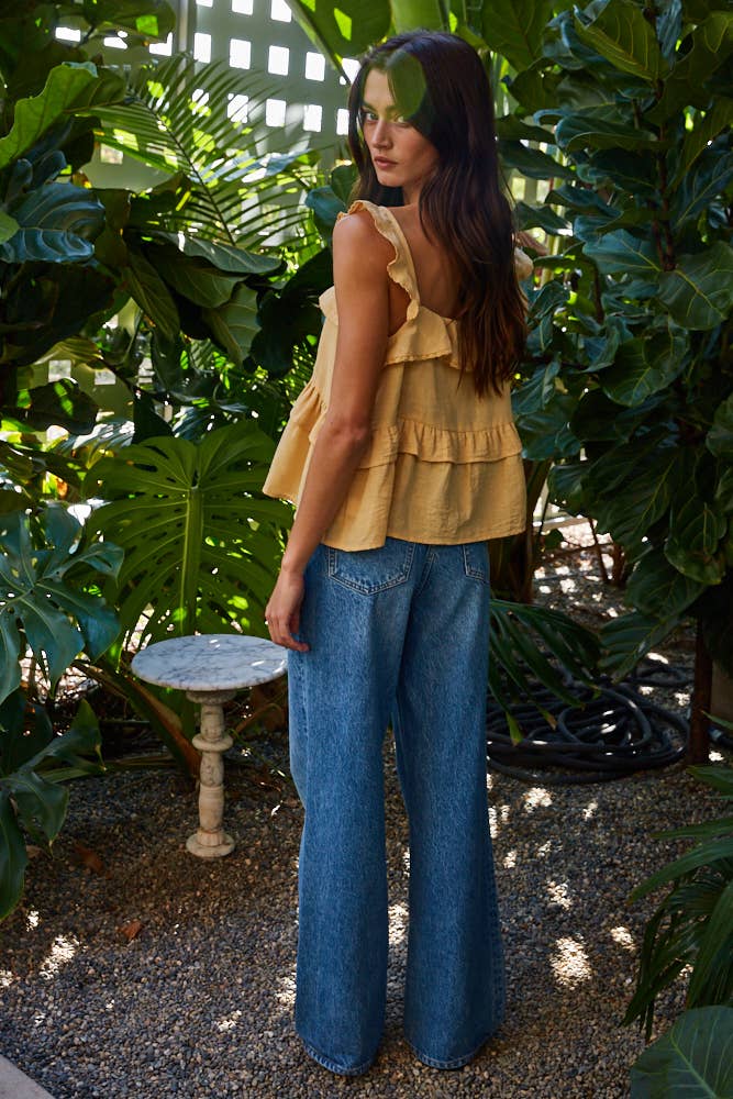 Dusty Yellow Tie Front Ruffle Top with Lace Trim