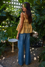 Dusty Yellow Tie Front Ruffle Top with Lace Trim