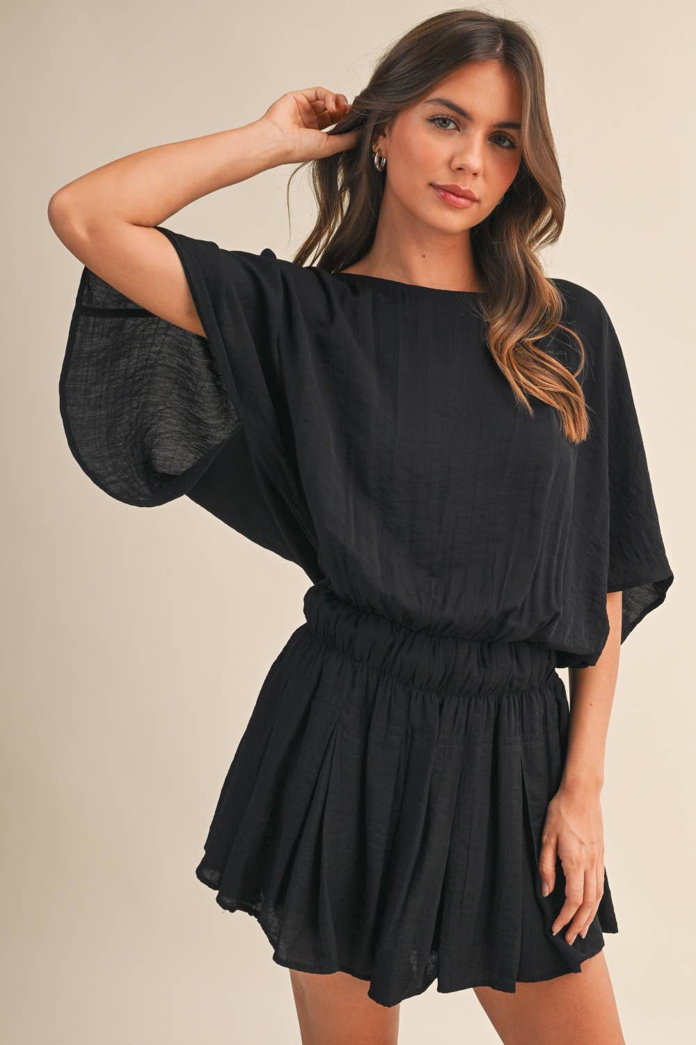 Black Crinkle Short Sleeve Romper