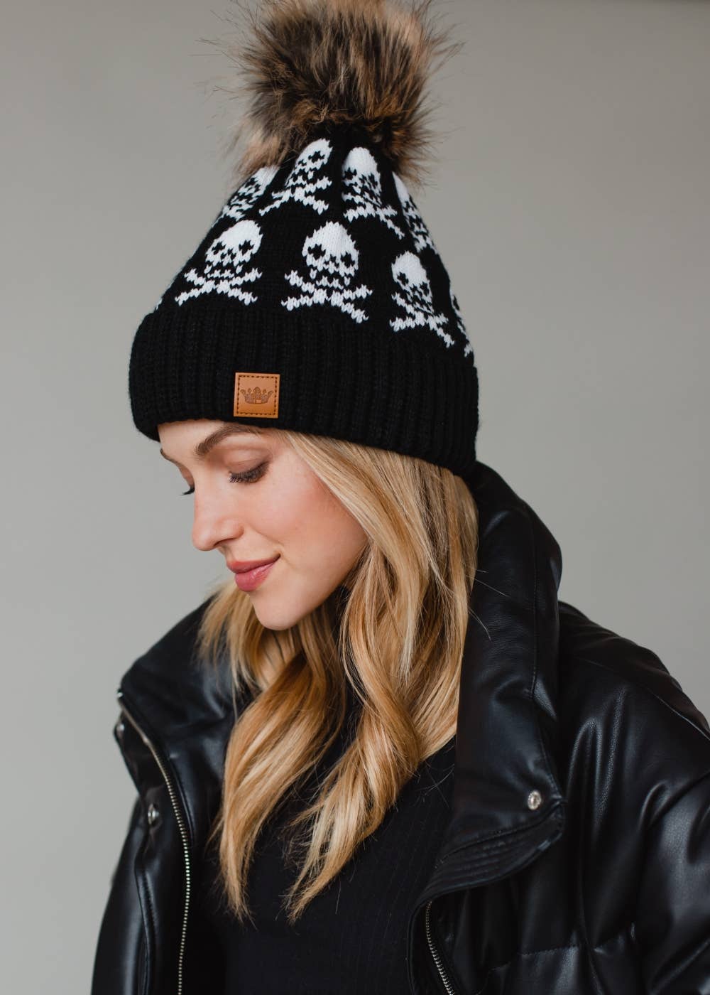 Black Skull Pattern Pom Hat