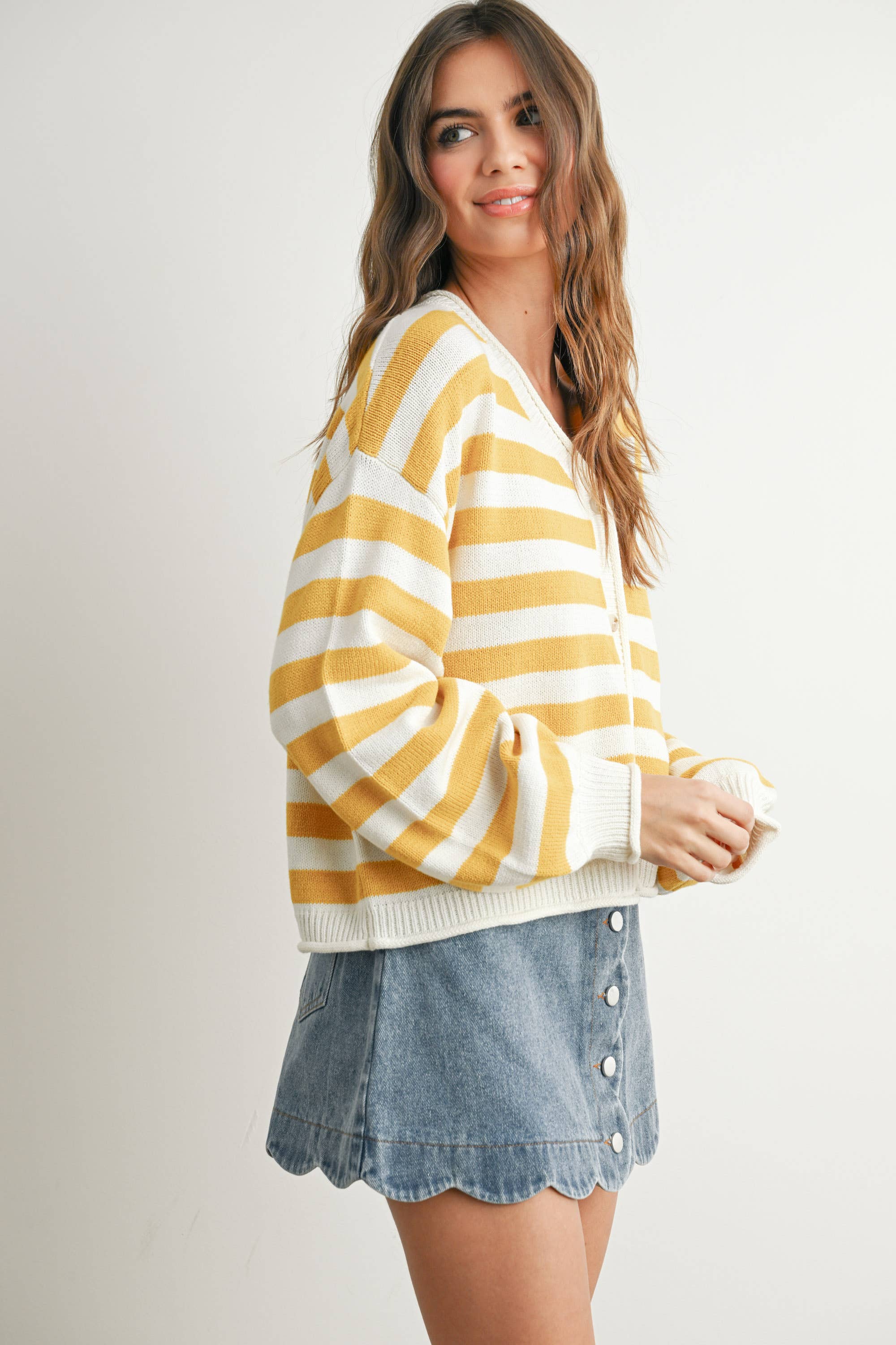 Button Front Stripped Sweater