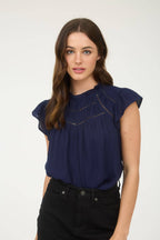 LINE LACE TRIM RUFFLE DETAIL SHORT SLEEVE BLOUSE