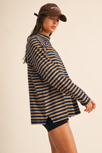 Oversized Striped Mock Neck Long Sleeve Tee