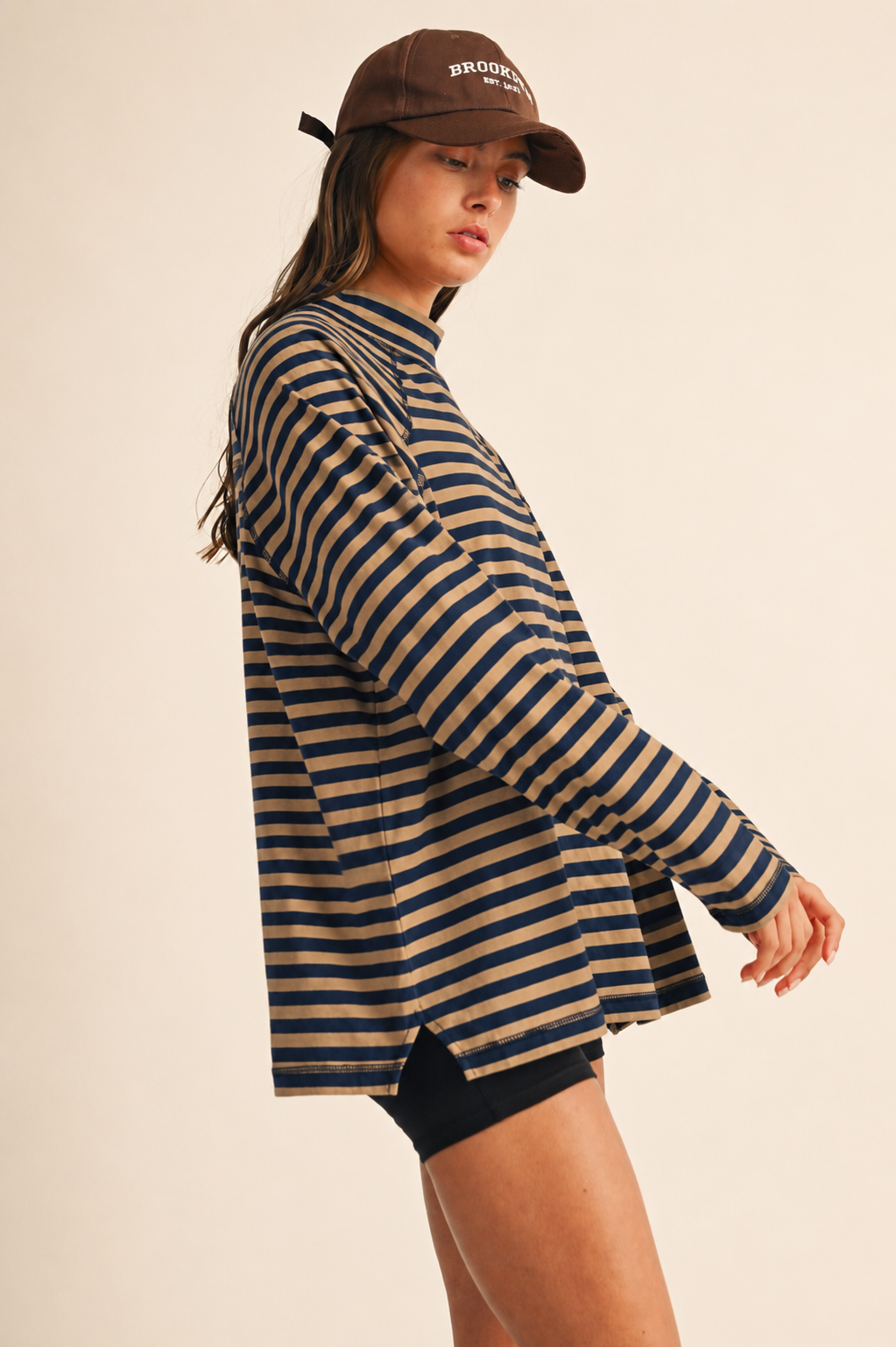 Oversized Striped Mock Neck Long Sleeve Tee