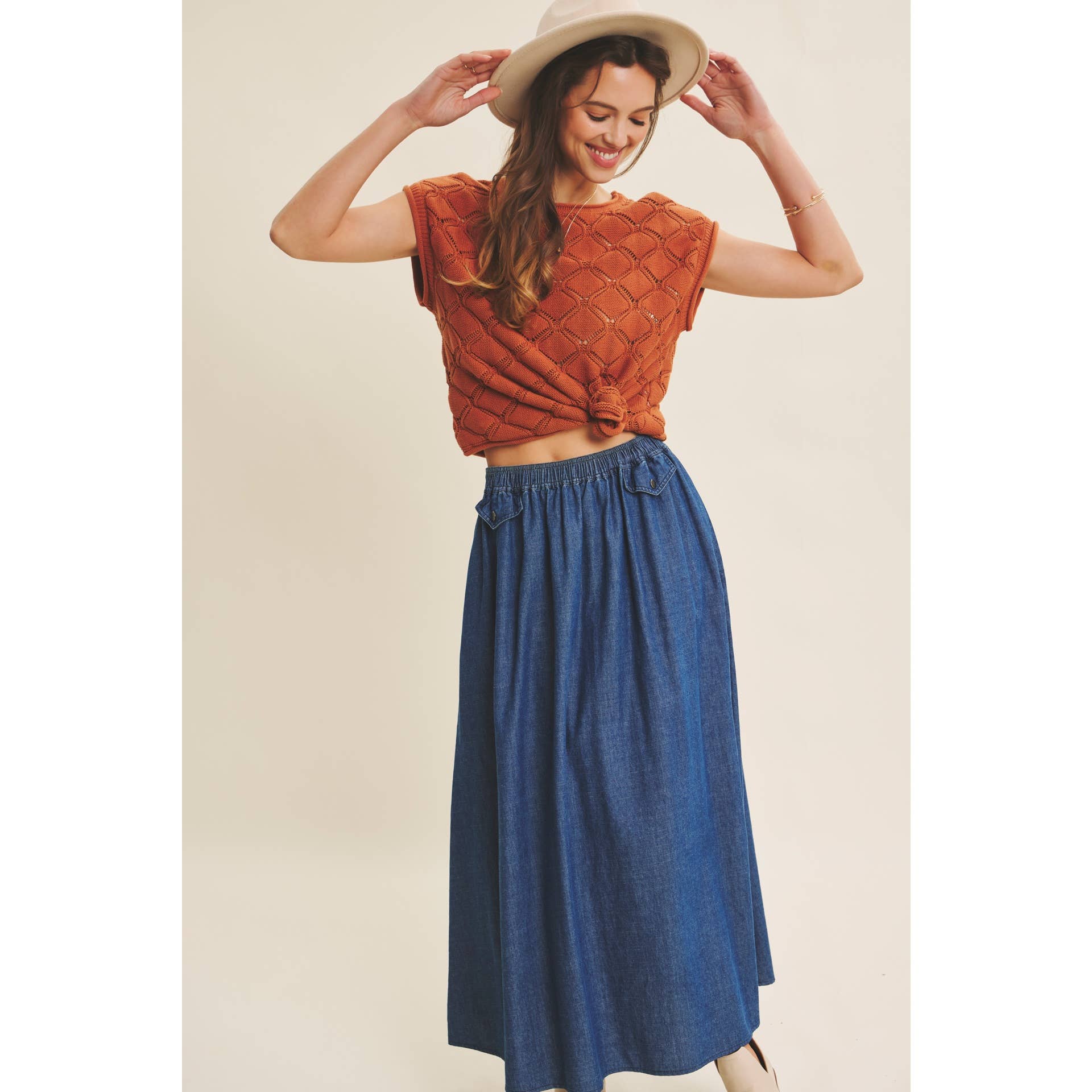 TIMELESS TEXTURED COTTON CABLE KNITTED SWEATER TOP
