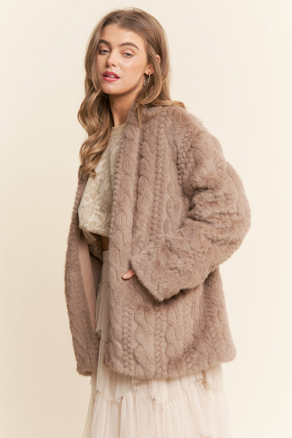 Faux Fur Pressed Print Open Coat