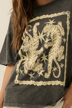 Tigers & Stars Vintage-Wash Oversized Graphic Tee – Charcoal