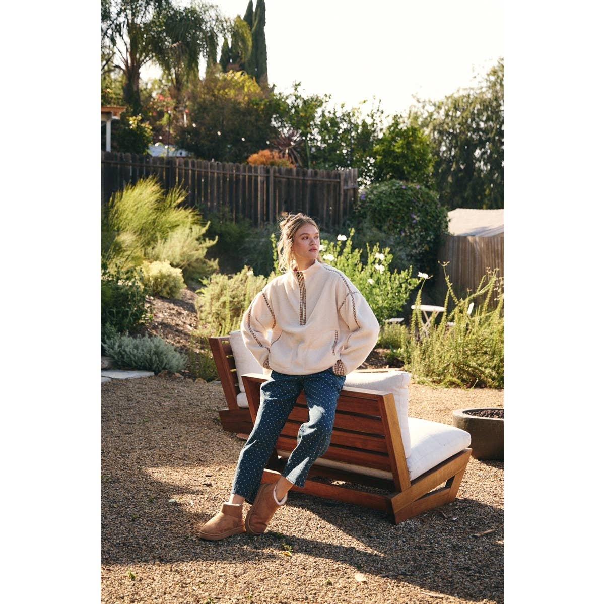 Cozy Cabin Gingham Trim Sherpa Fleece Half-Zip Pullover – Cream