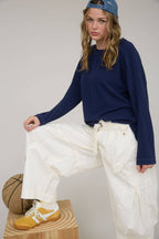 CREW NECK RIBBED LONG SLEEVE KNIT TOP