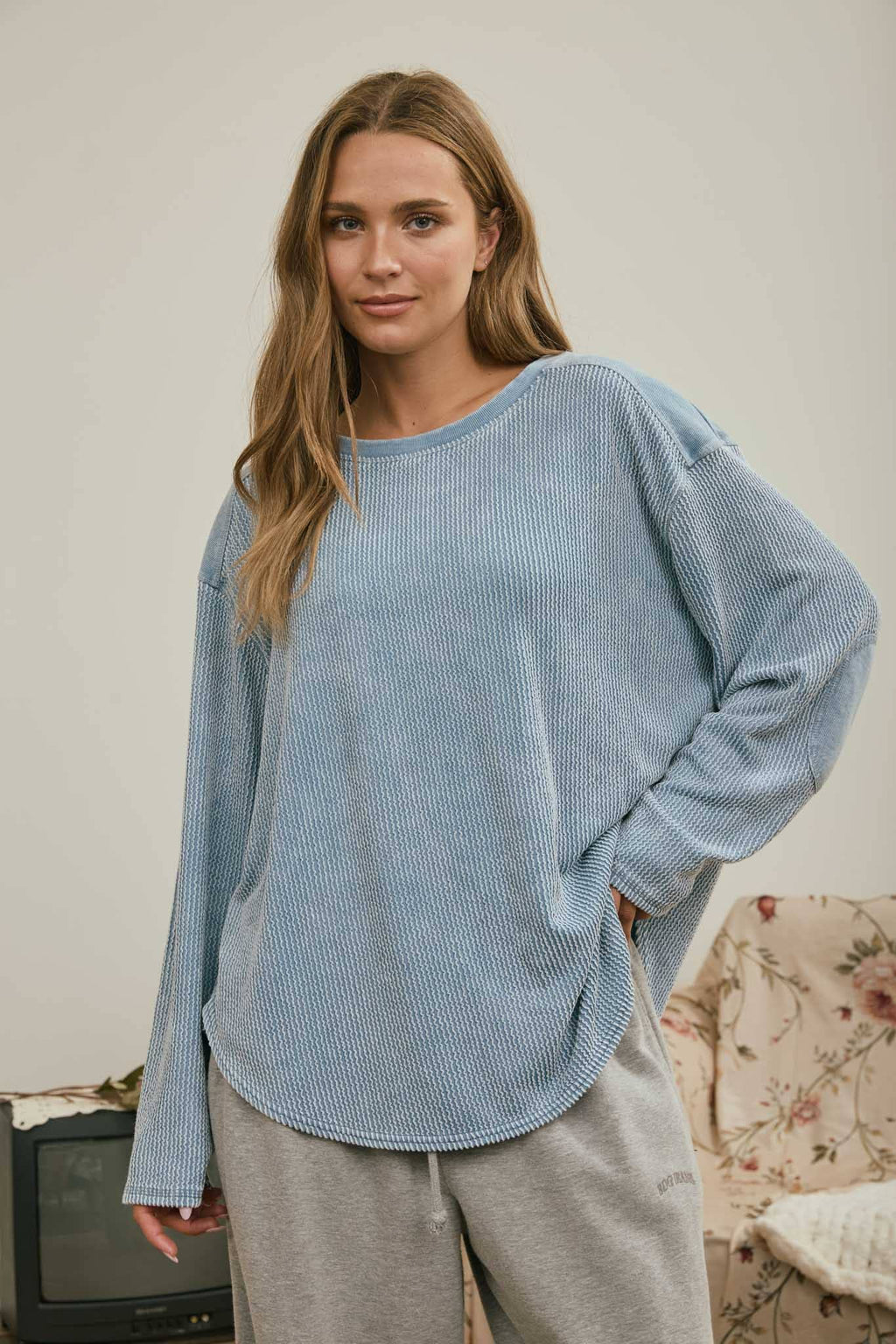 Boxy Textured Long Sleeve Washed Knit Top