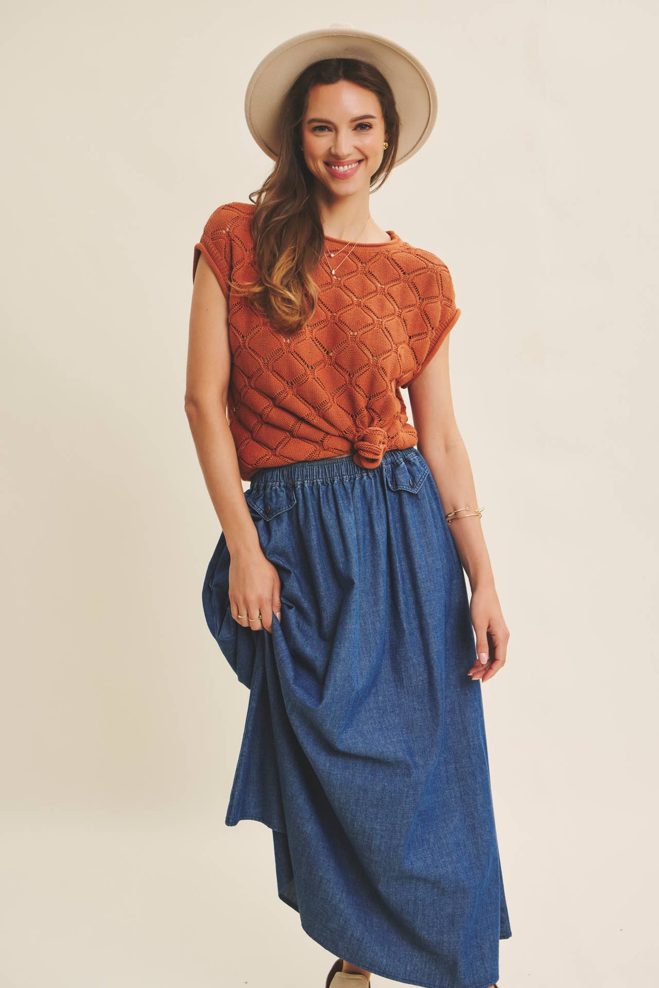 TIMELESS TEXTURED COTTON CABLE KNITTED SWEATER TOP