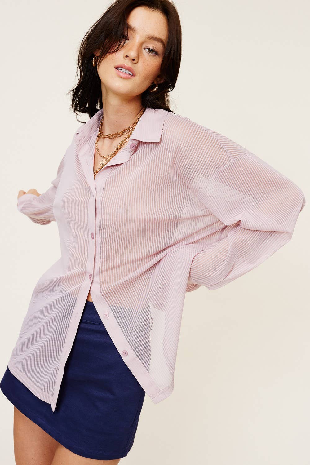 Sheer Stripe Button Down Blouse