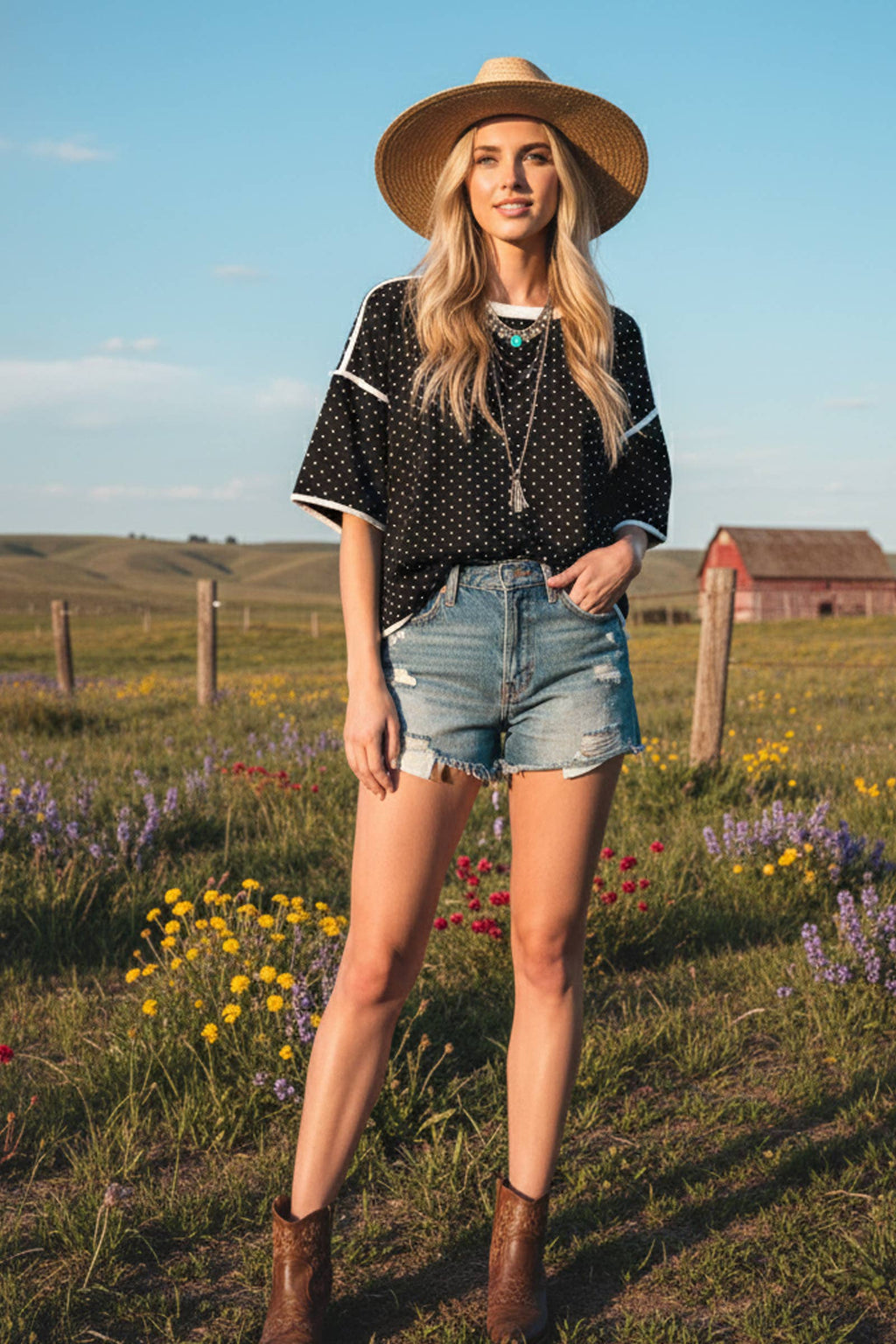 Polka Dot Contrast Trim Top