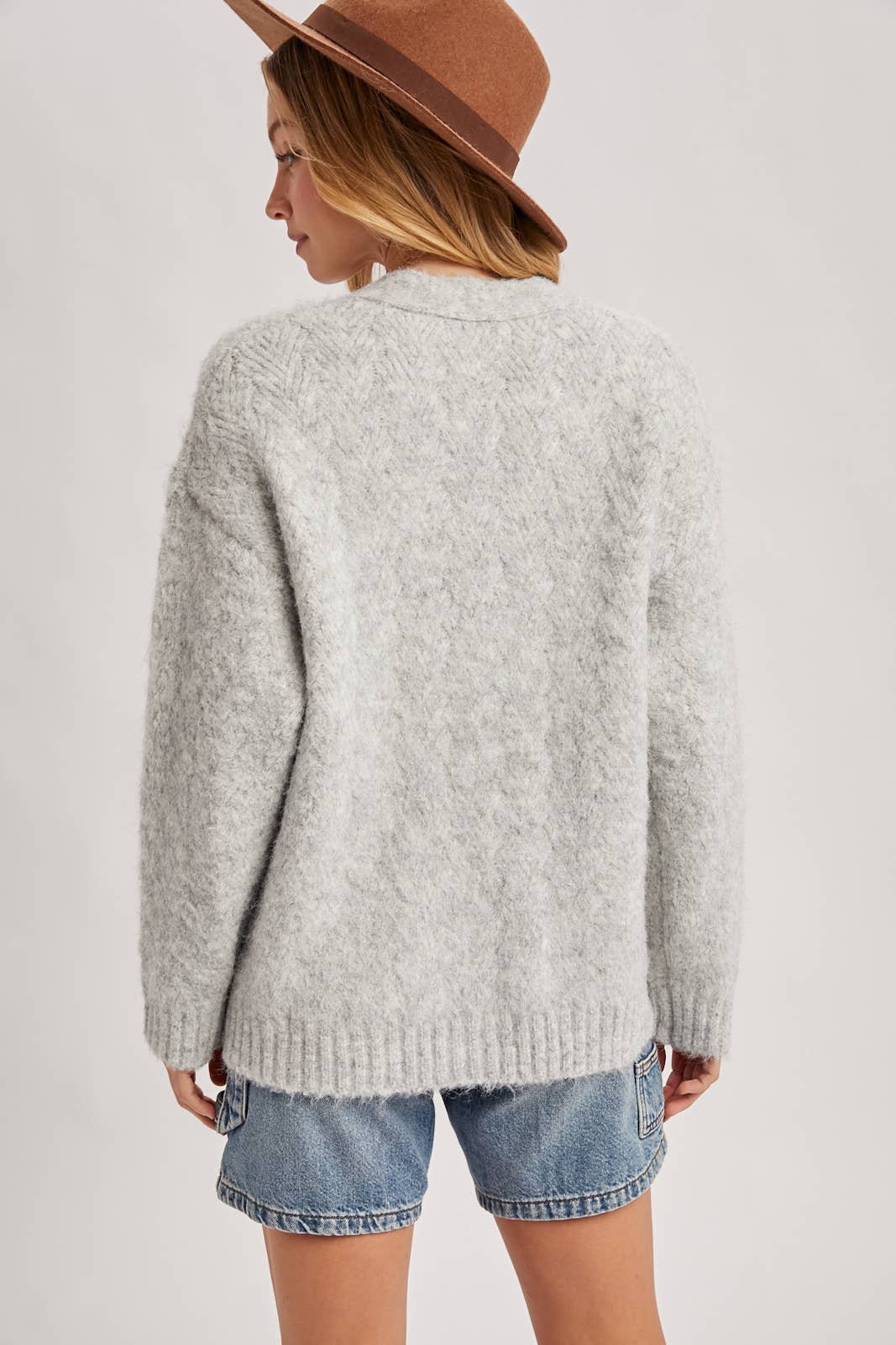 Button Down Fuzzy Heathered Knit Sweater Cardigan