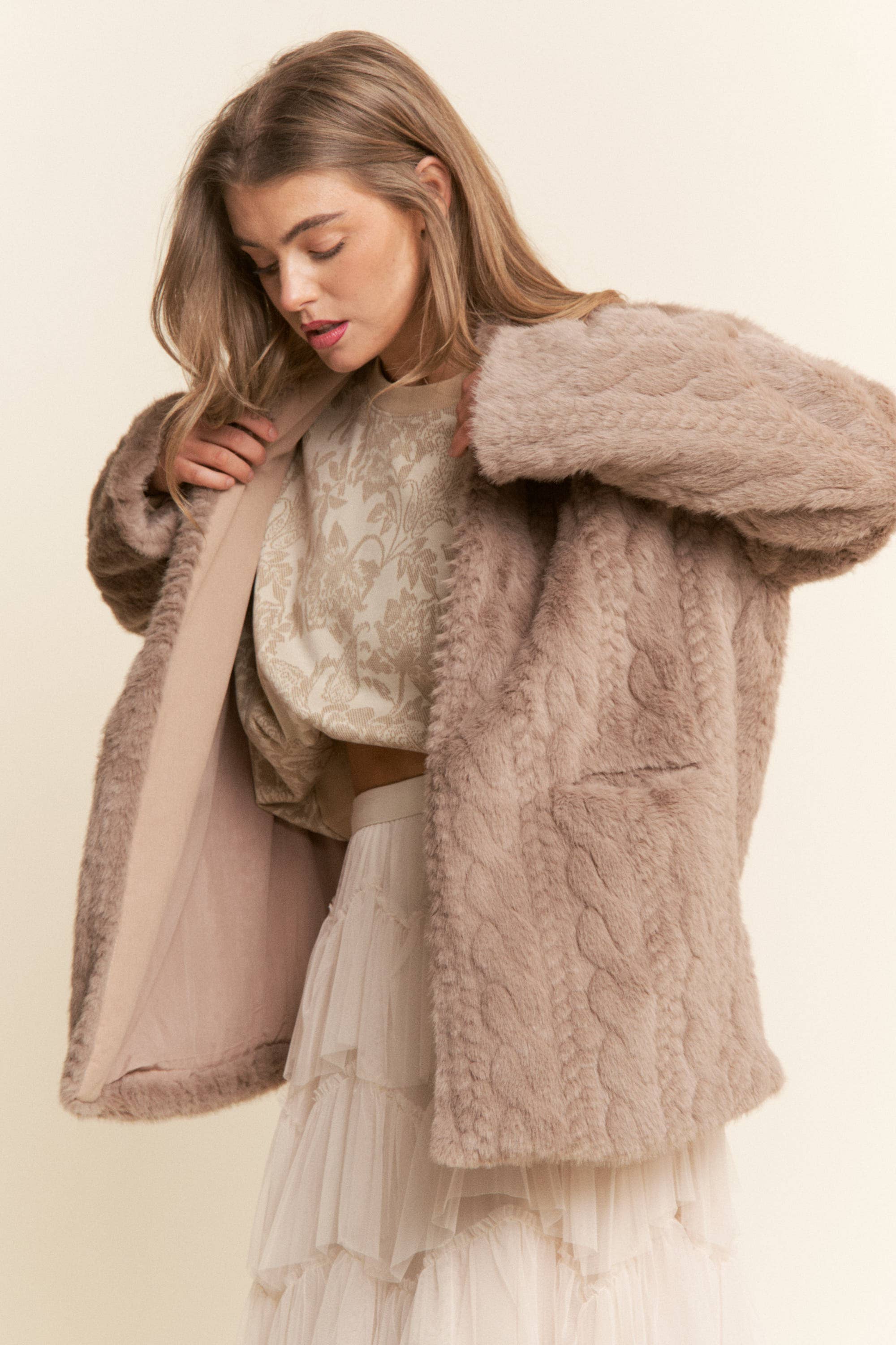 Faux Fur Pressed Print Open Coat