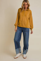 Long Sleeve Half Zip Reverse Fabric Contrast Top – Mustard