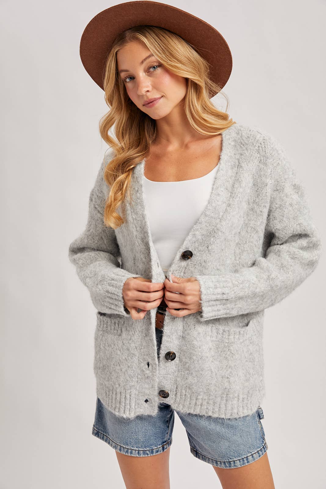 Button Down Fuzzy Heathered Knit Sweater Cardigan