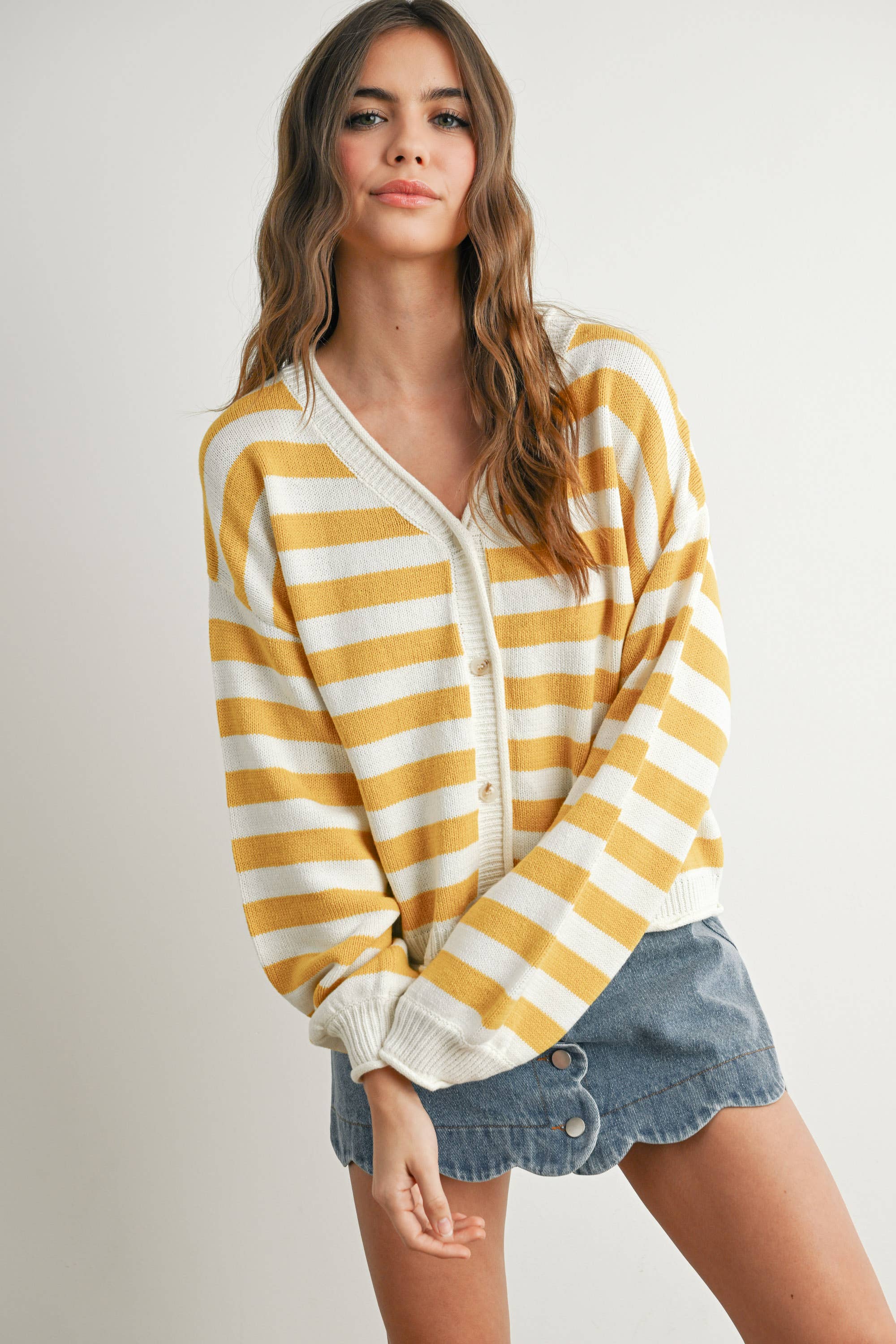 Button Front Stripped Sweater