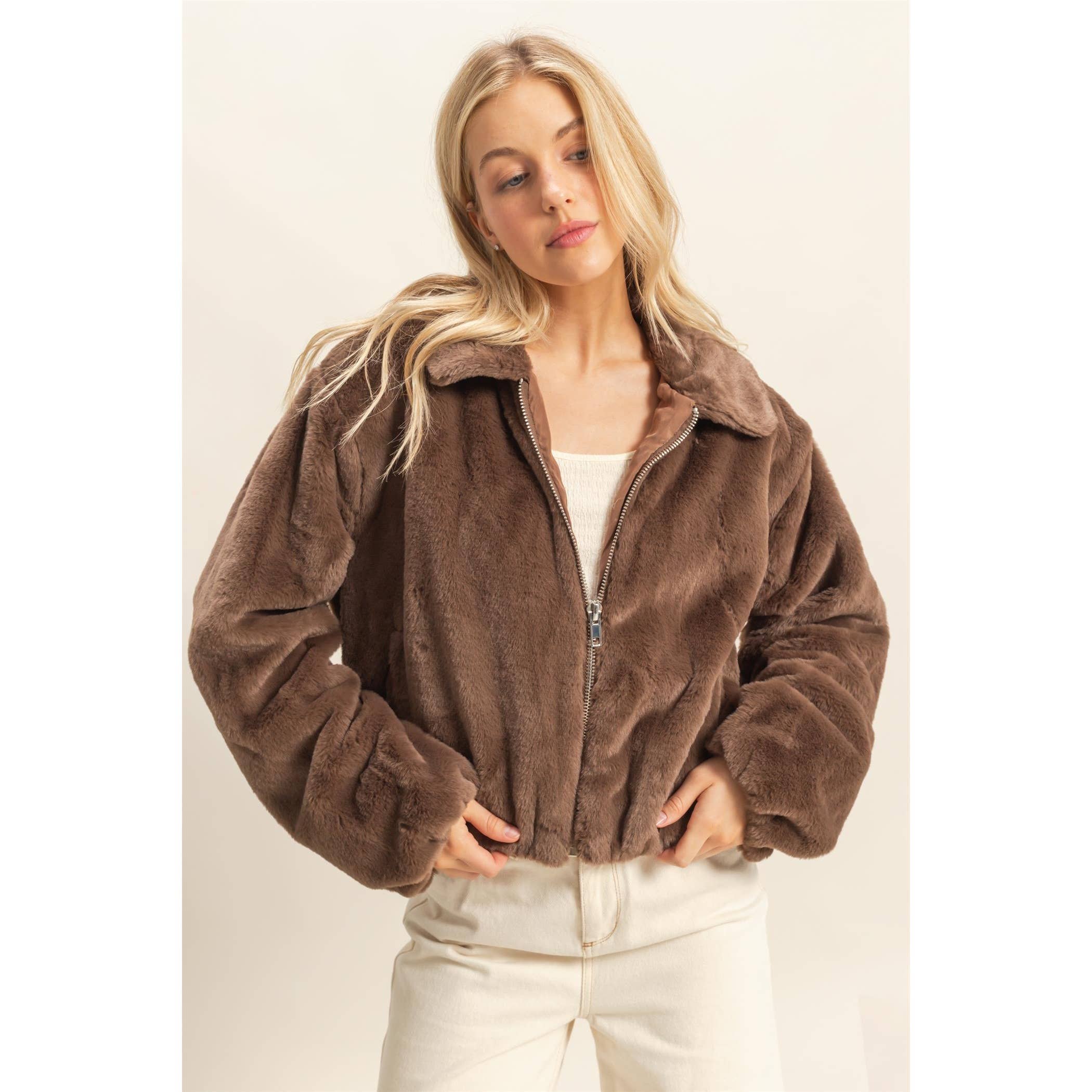 Faux Fur Zip Up Jacket With Plush Collar