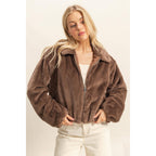 Faux Fur Zip Up Jacket With Plush Collar