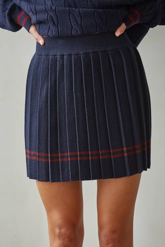 Knit Pleated Mini Skirt With Contrast Striped Hem