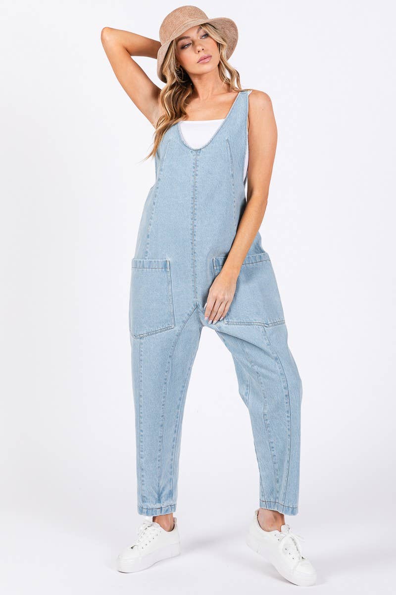 Washed Denim Overall Jumpsuit