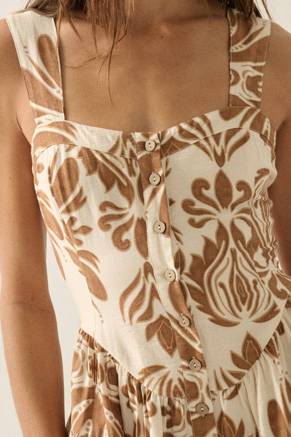 Taupe Floral Print Tiered Ruffle Romper